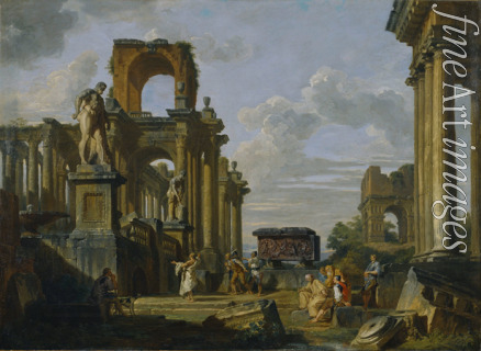 Pannini (Panini) Giovanni Paolo - Architektonisches Capriccio über das Forum Romanum mit Philosophen und Soldaten zwischen den antiken Ruinen