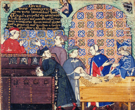 Meister des Cocharelli-Codex - Der Geiz. Miniatur mit Szenen des Bankwesens