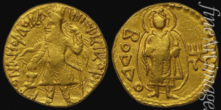 Numismatik Antike Münzen - Goldmünze Kanishkas mit Baktrischer Schrift. Vorderseite: Kanischka vor einem Feueraltar, Rückseite: Buddha (boddo)