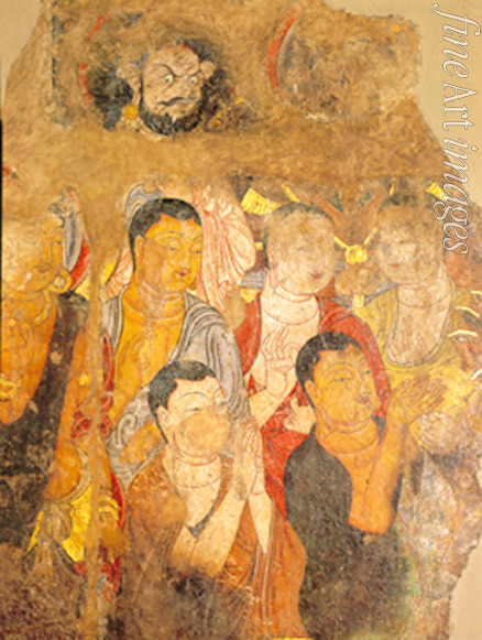 Zentralasiatische Kunst - Gruppe von Mönchen und Bodhisattvas. Wandmalerei-Fragment (Kloster Schikschin in Sinkiang)