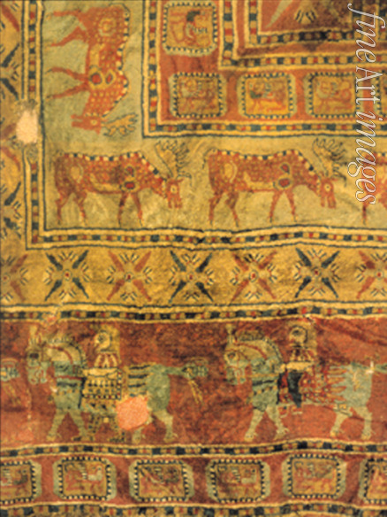 Frühe Kulturen des Altai Hügelgrab Pazyryk - Knüpfteppich (Fragment: Bordüre mit Damhirschen und Reitern)