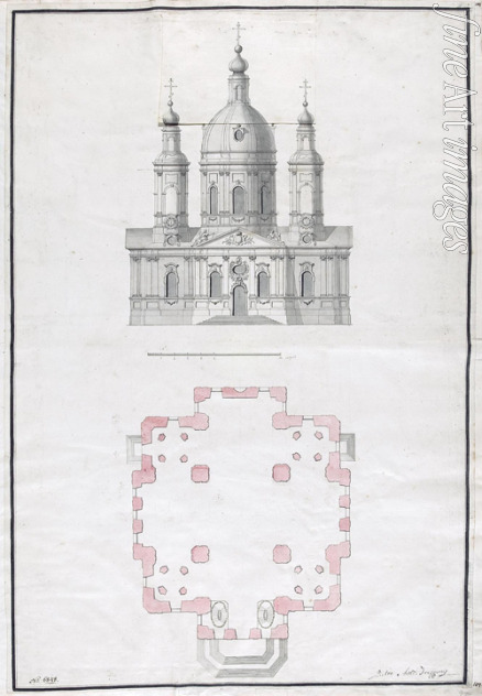 Trezzini Pietro Antonio - Die Kirche des Preobraschensker Leib-Garderegiments in Petersburg. Plan und Fassade