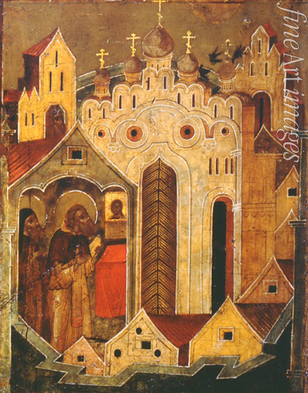 Russische Ikone - Der heilige Sergius von Radonesch (Detail: Prophetische Erscheinung der Vögel)