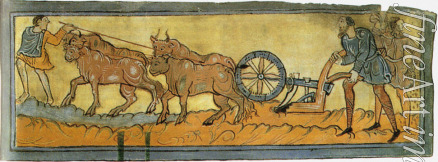 Unbekannter Künstler - Bauern pflügend (Miniatur aus dem Cotton MS Tiberius)