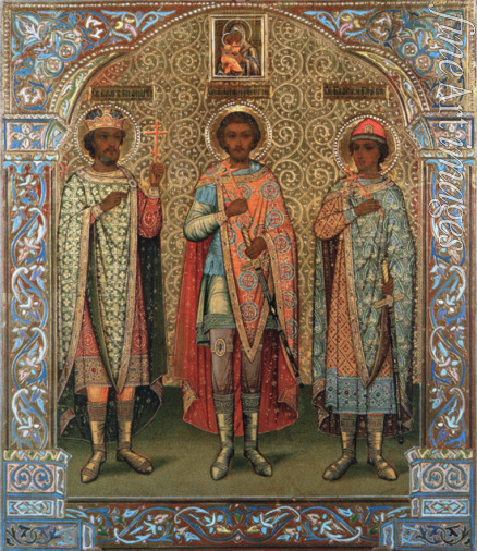 Russische Ikone - Die Heiligen Großfürste Andrei Bogoljubski, Juri II. Wsewolodowitsch und Gleb Andrejewitsch