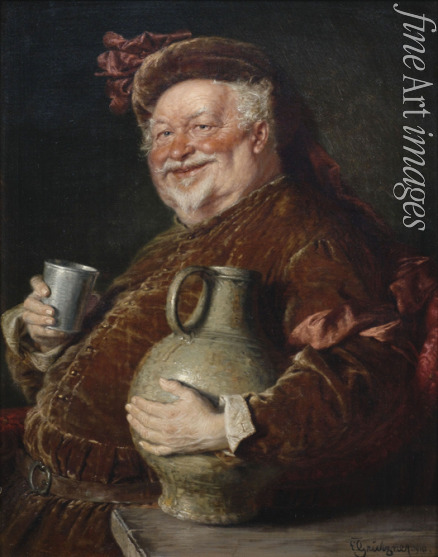 Grützner Eduard von - Falstaff am Tisch mit Weinkrug und Zinnbecher