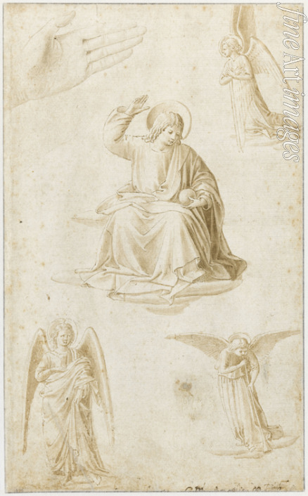Gozzoli Benozzo - Studien einer Hand, drei Engeln und Christus als Salvator Mundi