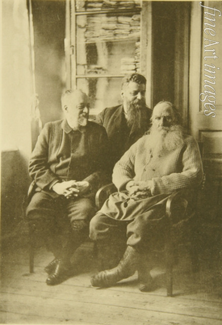 Tolstaja Sofia Andrejewna - Lew Tolstoi mit dem Politiker Michail Stachowitsch (1861-1923) und Schwiegersohn Michail Suchotin (1850-1916)