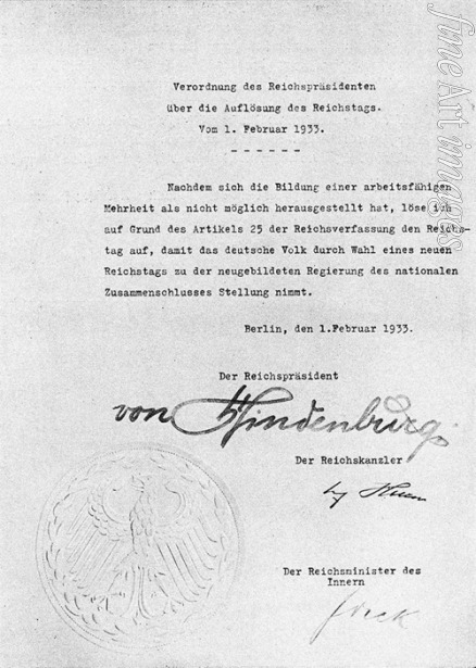 Historisches Dokument - Verordnung des Reichspräsidenten Hindenburg zur Auflösung des Reichstags vom 1. Februar 1933