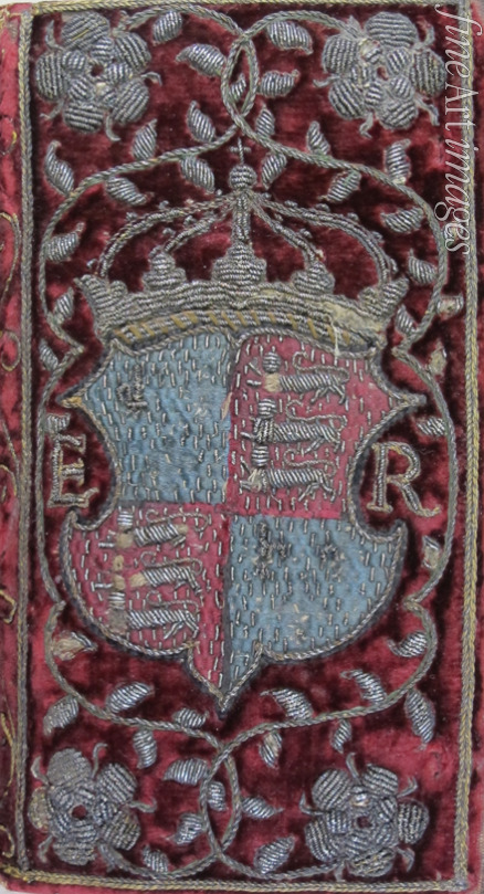 Anonymous master - Embroidered velvet binding on John Udall's Sermons with the arms of Elizabeth I