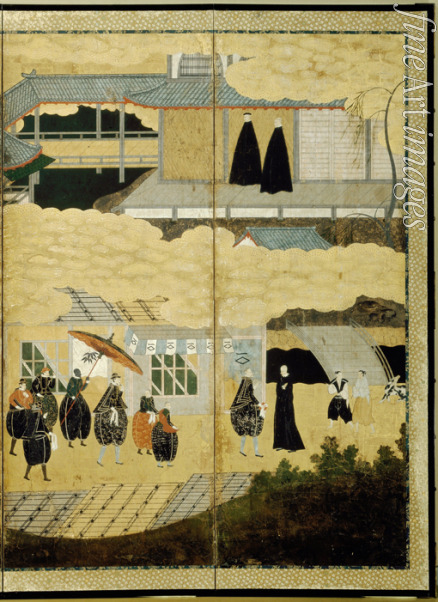 Unbekannter Künstler - Die Ankunft eines portugiesischen Schiffs. Nanban screen. Detail: japanische Christen