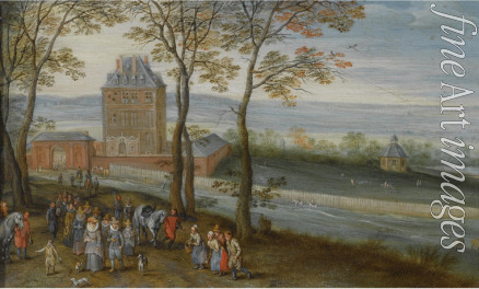 Brueghel Jan der Ältere - Landschaft mit Blick auf die Burg von Mariemont, einer Prozession mit dem Erzherzog Albrecht, seiner Frau Isabella und anderen F