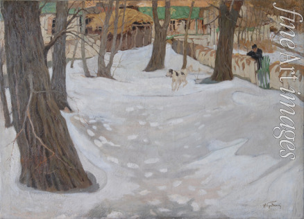 Brodski Isaak Israilewitsch - Winterlandschaft mit Häuschen und Hund