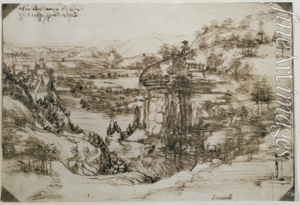 Leonardo da Vinci - Landschaft mit Fluss (Landschaft des Arno-Tals oder Arnolandschaft)