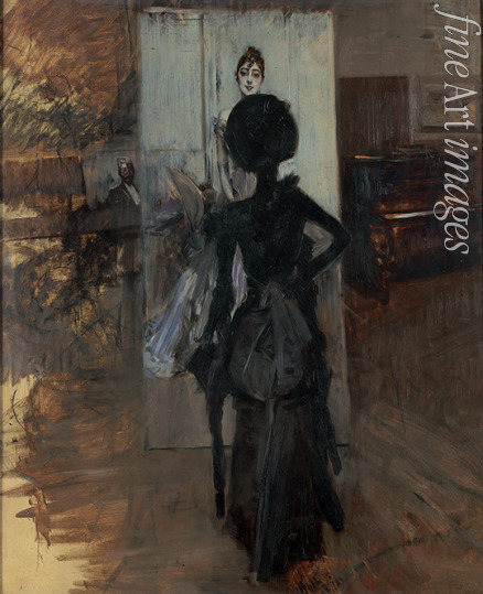 Boldini Giovanni - Frau in Schwarz, die auf das Pastellbild von Signora Emiliana Concha de Ossa schaut