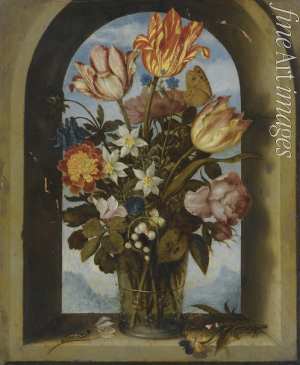 Bosschaert Ambrosius the Elder - tulips, moss-roses, lily-of-the-valley and other flowers in a glass beaker set in an arched stone window opening