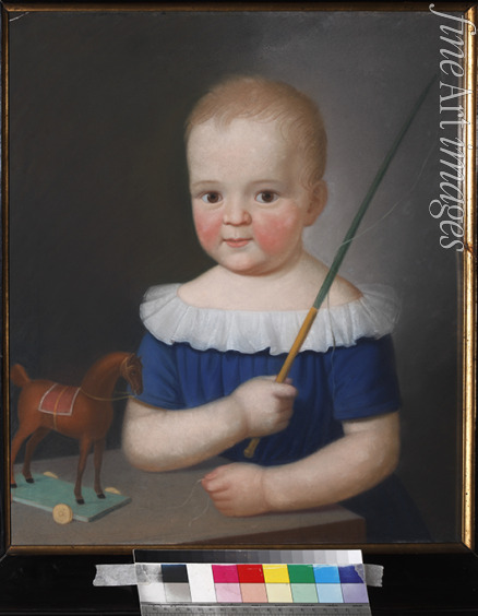 Unbekannter Künstler - Bildnis eines Jungen mit Spielpferd