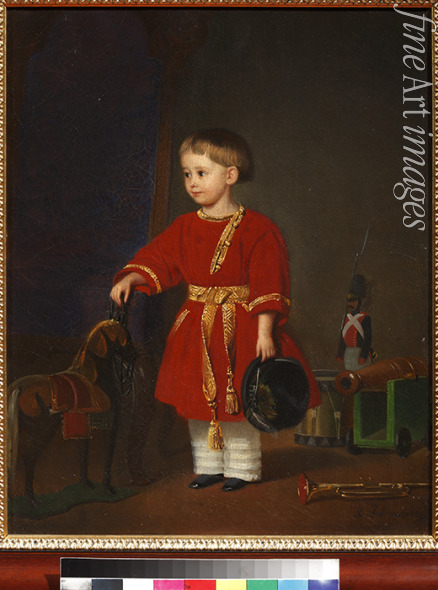 Jebens Adolf - Portrait of a boy in a red dress with military toys