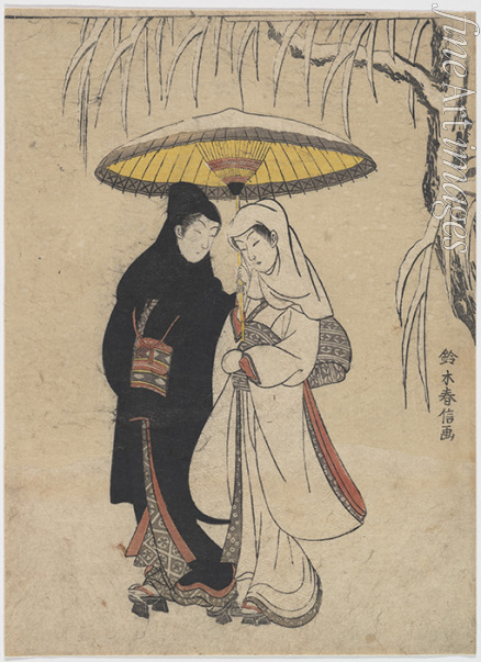 Harunobu Suzuki - Young Lovers Walking Together under an Umbrella in a Snow Storm