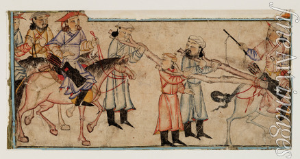 Zentralasiatische Kunst - Mongolische Reiter mit drei Gefangenen. Miniatur aus Dschami' at-tawarich (Universalgeschichte)