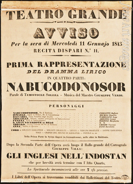 Verdi Giuseppe - Poster for the opera Nabucco by Giuseppe Verdi in Teatro Grande on 11 January 1843