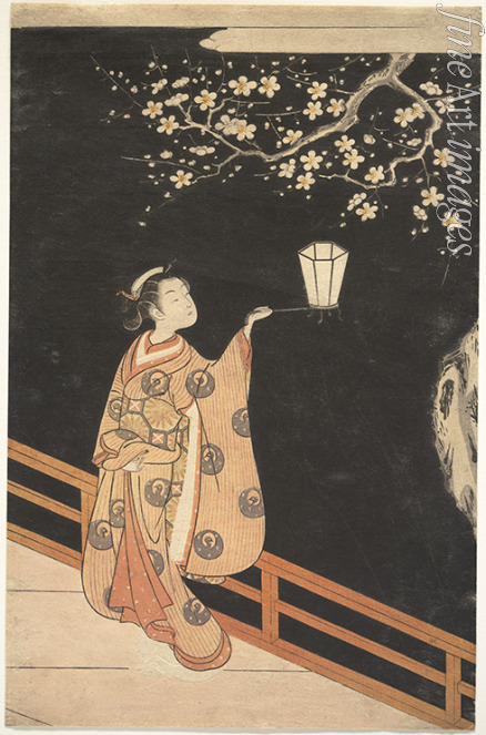 Harunobu Suzuki - Woman Admiring Plum Blossoms at Night