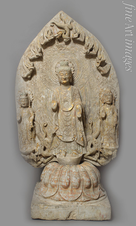 Central Asian Art - Votive Stele with Buddha and two Bodhisattvas