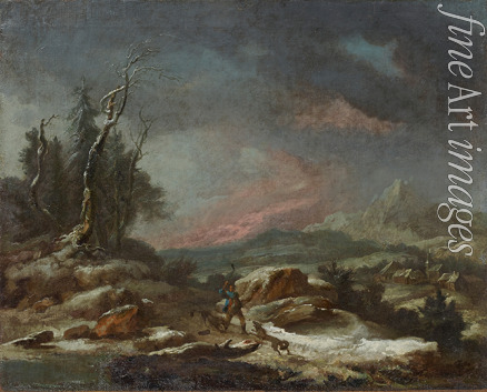 Wolf Caspar - Winter landscape with a walker in the fight against wolves