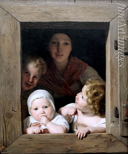 Waldmüller Ferdinand Georg - Junge Bäuerin mit drei Kindern im Fenster