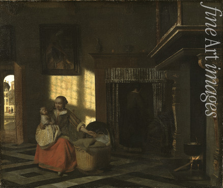 Hooch Pieter de - Interieur mit Mutter an der Wiege