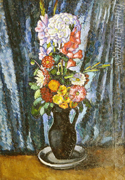 Maschkow Ilja Iwanowitsch - Blumenstrauß in schwarzem Krug auf blauem Hintergrund