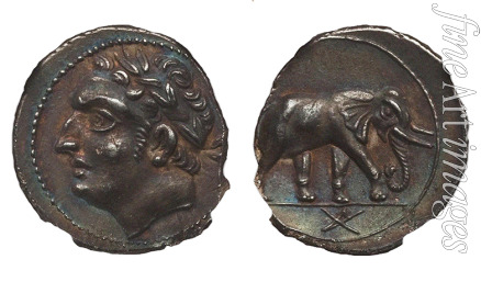 Numismatik Antike Münzen - Münze von Hannibal Barkas. Karthago. (Vorderseite: Hannibal, Rückseite: Elefant)