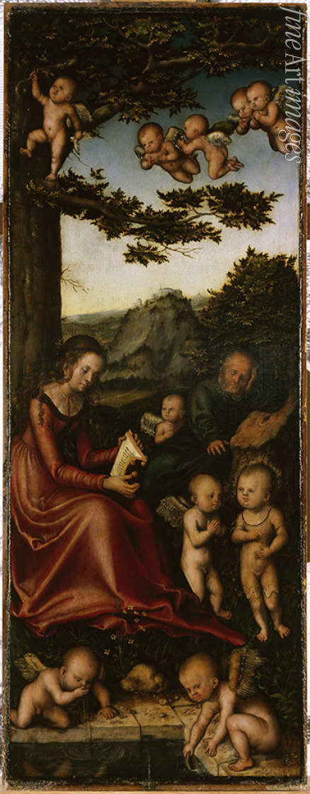 Cranach Lucas der Ältere - Heilige Familie von Engeln umgeben. (Linker Flügel eines Marienaltars)