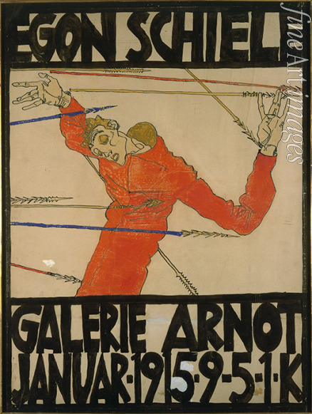 Schiele Egon - Selbstporträt als Heiliger Sebastian. Plakat der Schiele-Ausstellung in der Galerie Arnot