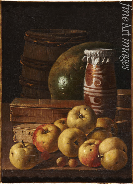 Meléndez Luis Egidio - Stillleben mit Äpfeln, Erdbeeren, Wassermelone, Schachtel von Süßigkeiten, Honig und Fass