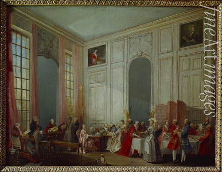 Ollivier Michel Barthélemy - Teegesellschaft beim Prinzen Conti im Vierspiegelsaal des Temple in Paris mit dem jungen Mozart am Flügel 1766