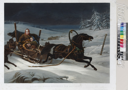 Jazet Jean-Pierre-Marie - Sleigh of a Russian family pursued by wolves