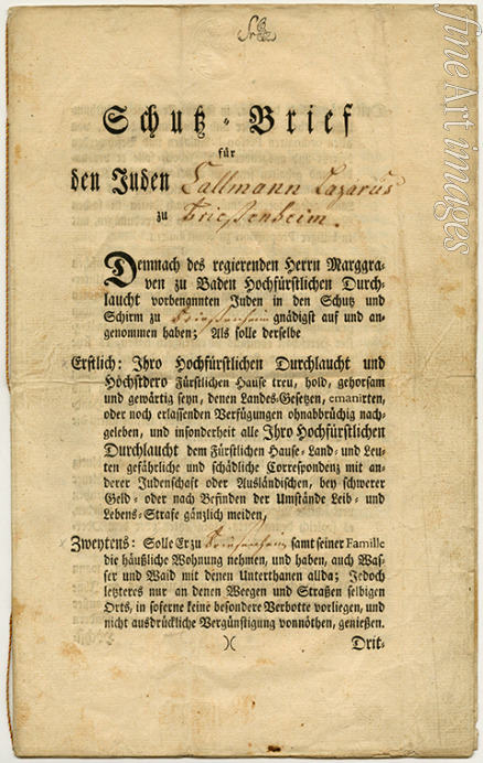 Historic Object - Letter of Protection for Callmann Lazarus from Friesenheim in Baden