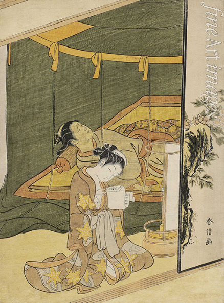 Harunobu Suzuki - Der geheime Liebesbrief (Junge Frau liest einen Liebesbrief bei Kerzenschein, während ein anderer unter dem Moskitonetz schläft)