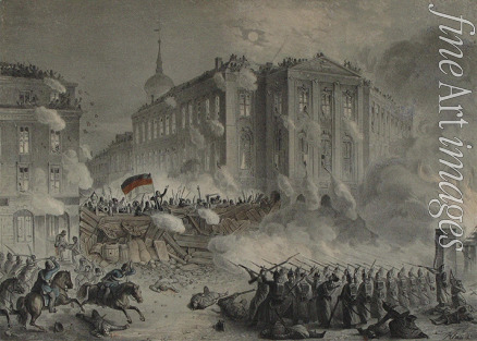 Unbekannter Künstler - Barrikadenkampf am Alexanderplatz in Berlin in der Nacht vom 18. zum 19. März 1848