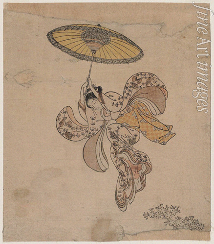 Harunobu Suzuki - Young Woman Jumping from the Kiyomizu Temple Balcony with an Umbrella as a Parachute 