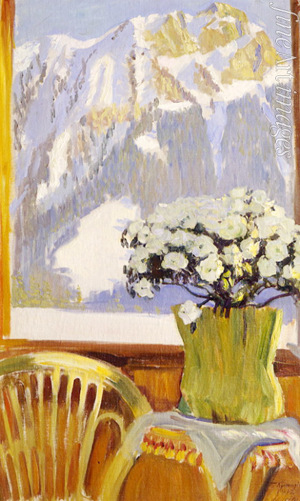 Kustodiew Boris Michailowitsch - Blumen auf dem Balkon mit Blick auf die Berge