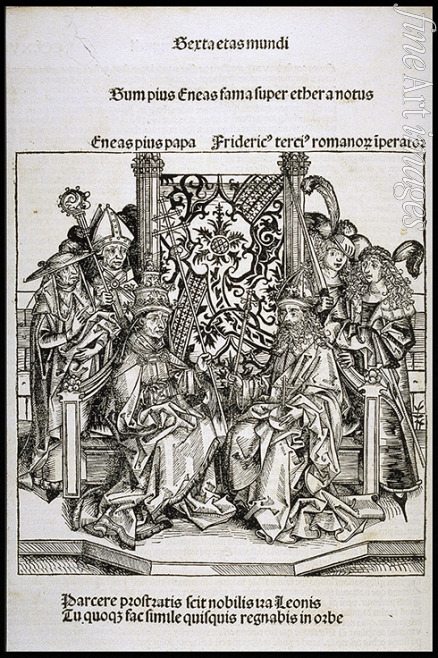 Wolgemut Michael - Treffen zwischen Papst Pius II. und Kaiser Friedrich III. (aus der Schedelschen Weltchronik) 