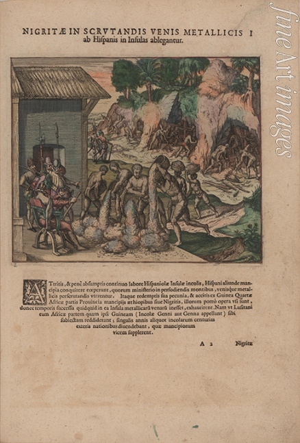 Bry Theodor de - Sklaven gießen Erz vor europäischen Soldaten. Im Hintergrund arbeiten Sklaven in der Mine