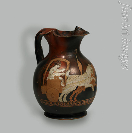 Antike Vasenmalerei Attische Kunst - Rotfigurige Weinkanne (Oenochoe): der Streitwagen, angetrieben von zwei Ziegen