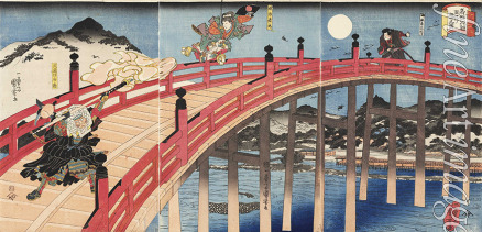 Kuniyoshi Utagawa - Yoshitsune ichidaiki Gojo-no-hashi no zu (Minamoto no Yoshitsune und Benkei kämpfen auf der Gojo-Brücke)