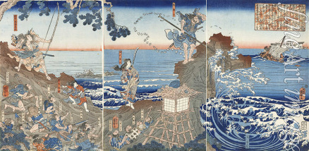 Kuniyoshi Utagawa - At Izu no Oshima, Chinzei Hachiro Tametomo Shoots an Enemy Warship with an Arrow