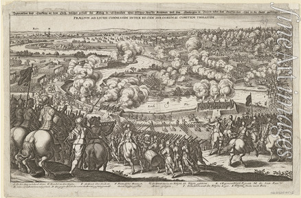 Merian Matthäus the Elder - Meeting near Rain by the River Lech on 5 April 1632. Gustaphus Adolphus forces to cross the Lech