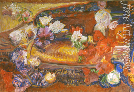 Denissow Wassili Iwanowitsch - Stilleben mit dekorativem Kopfkissen und Blumen