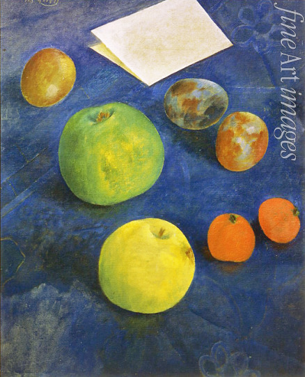 Petrov-Vodkin Kuzma Sergeyevich - Fruit on blue Tablecloth